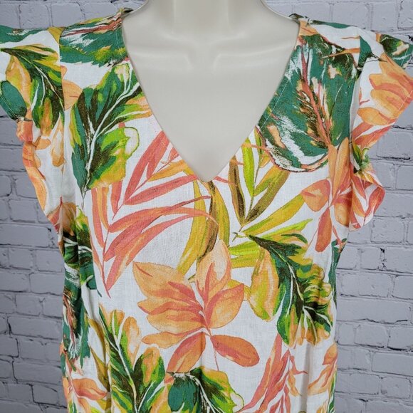 Nicole Miller Multicolor 100% Linen Leaf Print Flutter Sleeve Shift Dress XS - Picture 4 of 10